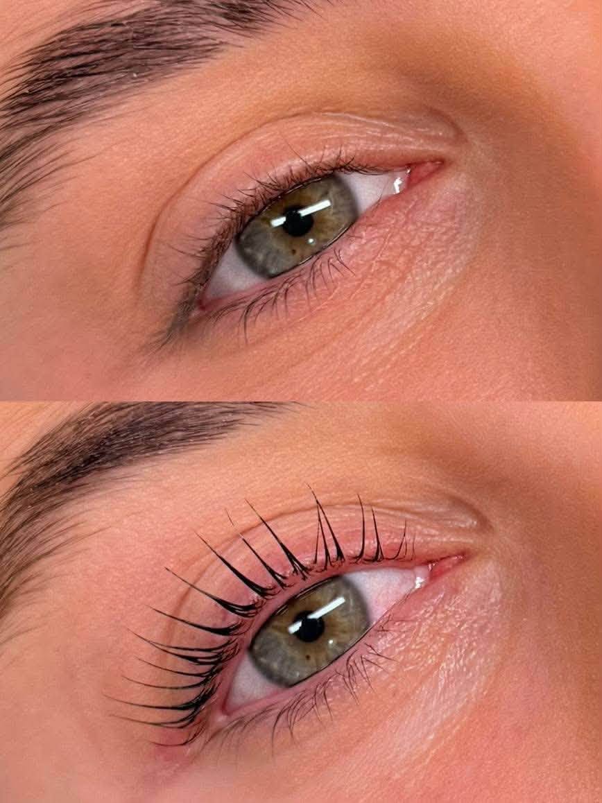 Korean lash lift before and after, showing lifted natural lashes